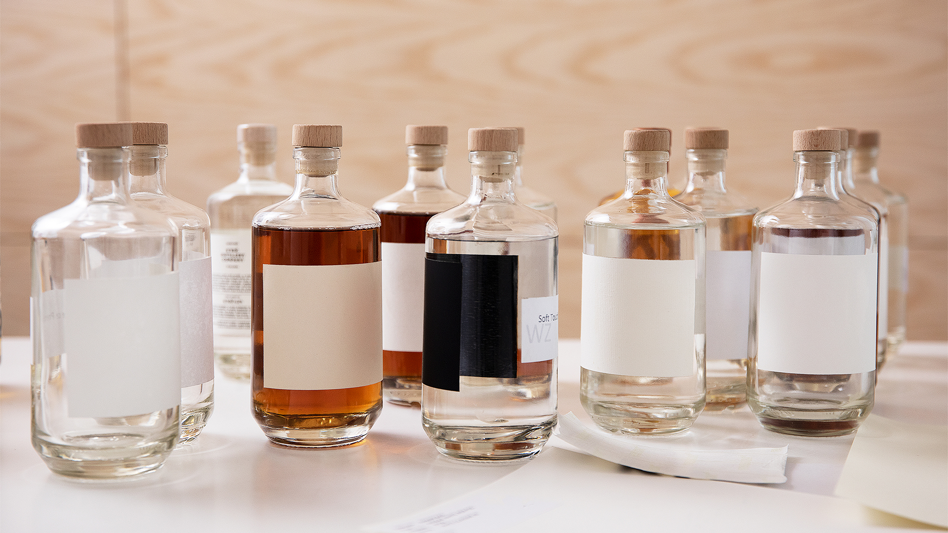 Whisky and gin bottles on a table